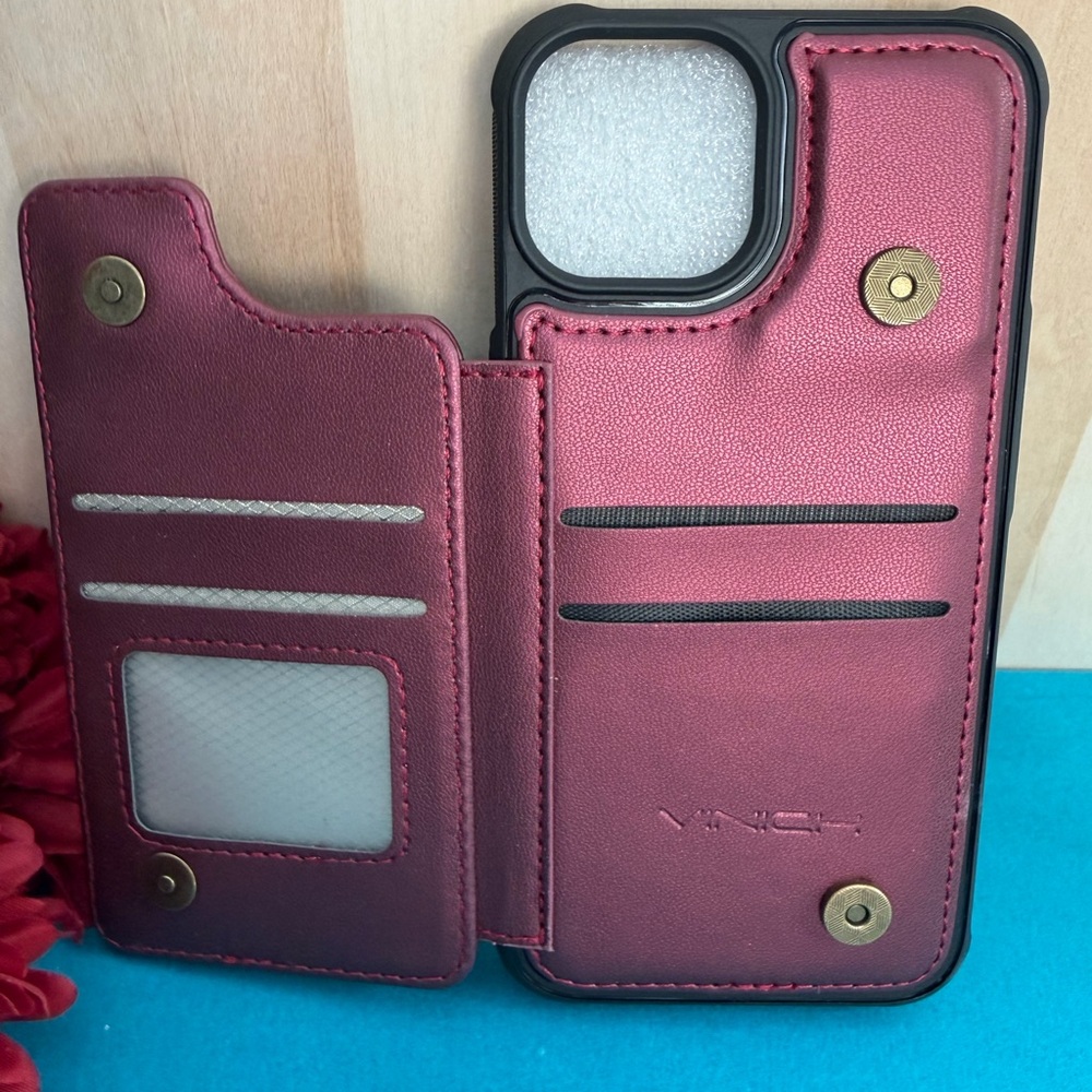 Wine Red Wallet iPhone 14 Case with Card Slots